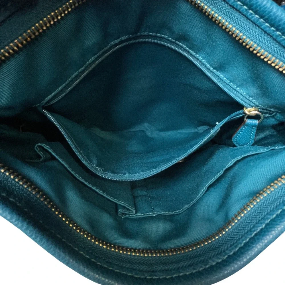 Coach Women Signature Monogram Crossbody Bag Purse Brown Teal Leather Trim *Flaw
